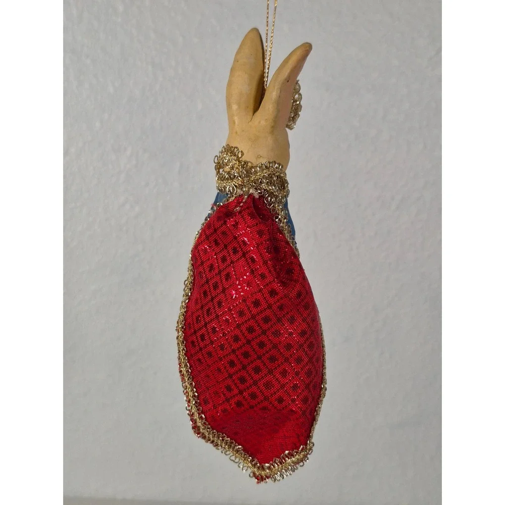 Vtg Hand Painted Papier Mache Bunny Rabbit Ornament Red Cape Rhinestone Collar